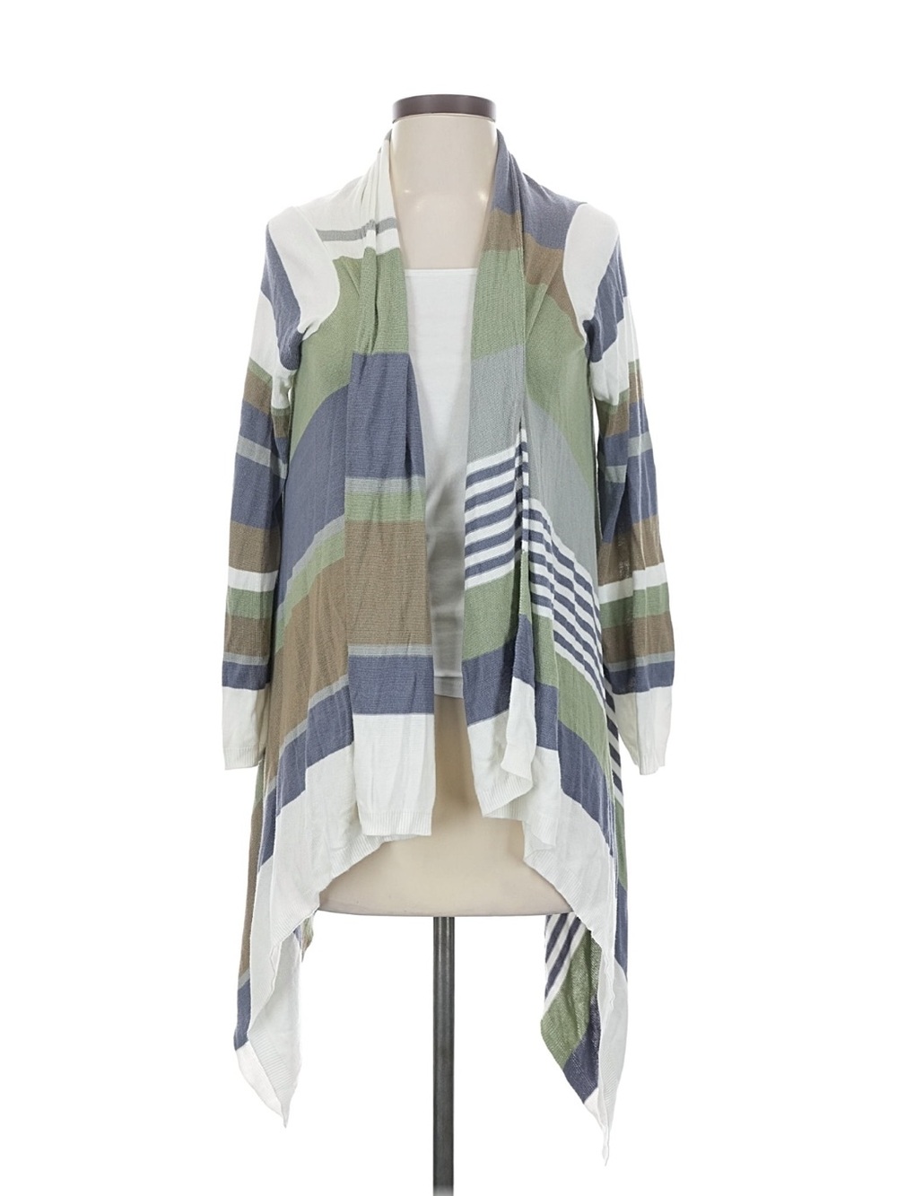 Mystree Olive, Navy & White Striped Open-Front Draped Cardigan